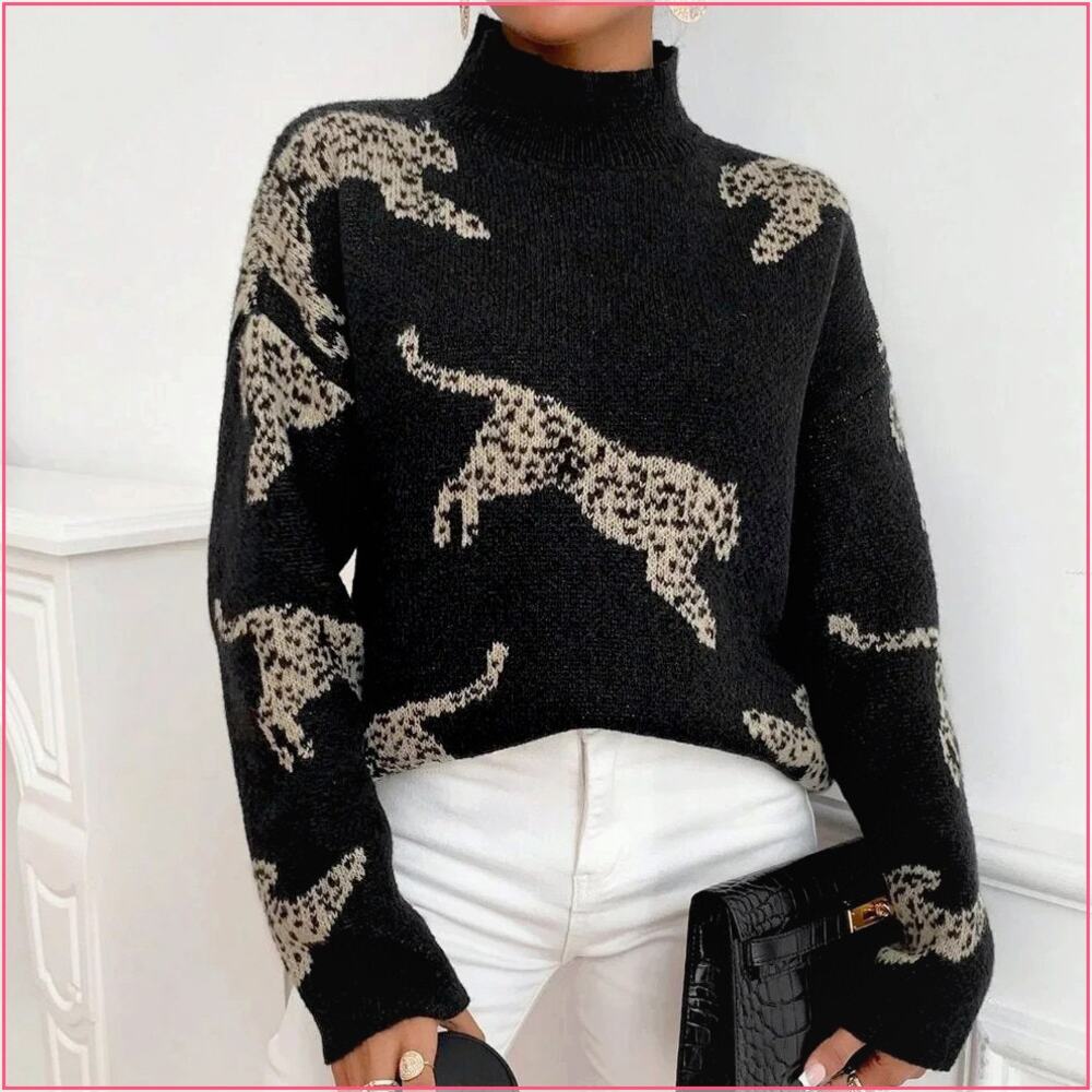 Black Casual Women's Leopard Pattern High Neck Drop Shoulder Sweater